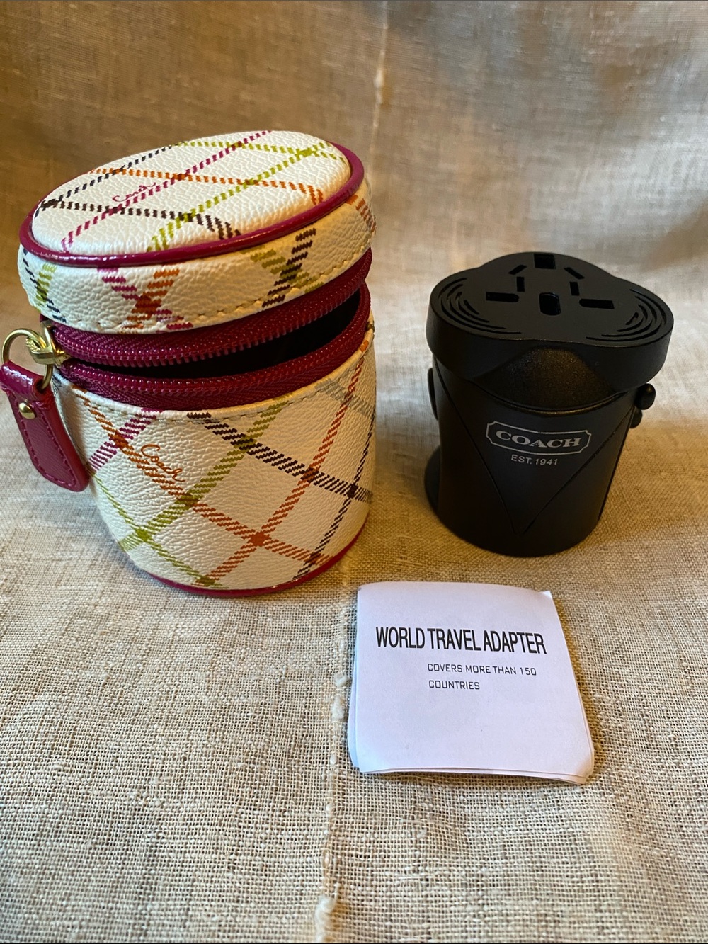 Coach White Multicolor Plaid Travel Jewelry Case with Pink Trim